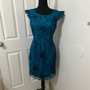 NWT Nanette Lepore Teal Mini Dress With Sequins and Floral Pattern Size 4